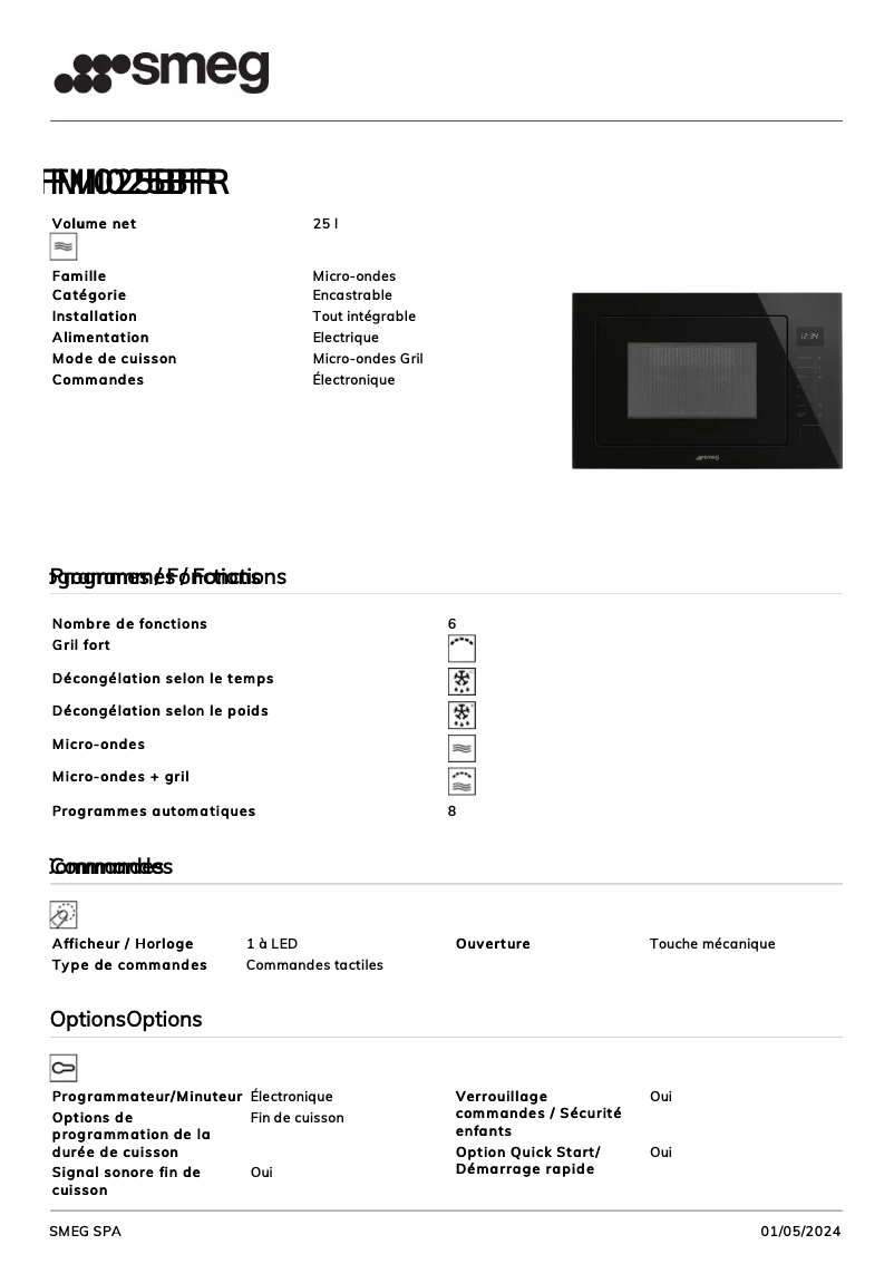 Page n°1 - Fiche technique Smeg FMI025BFR