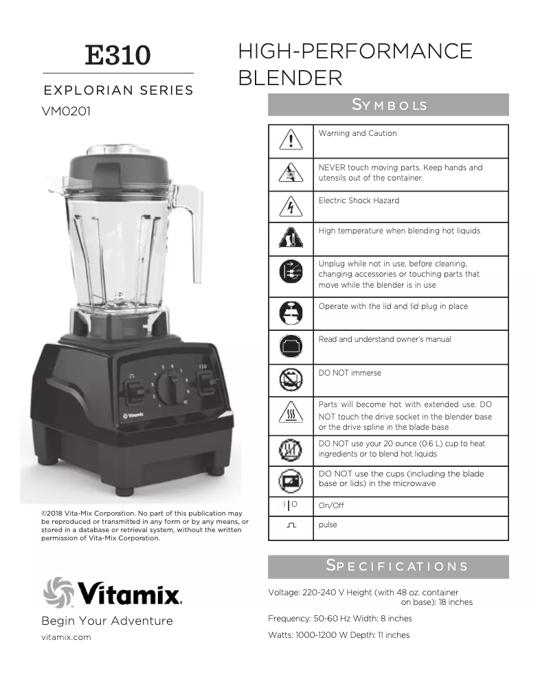 Page n°1 - Manuel utilisateur Vitamix Explorian E310