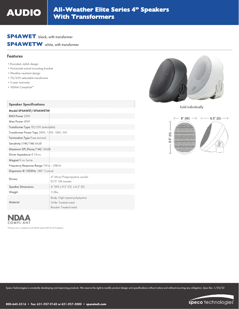 Page 1 de la notice Fiche technique Speco Technologies SP4AWETW
