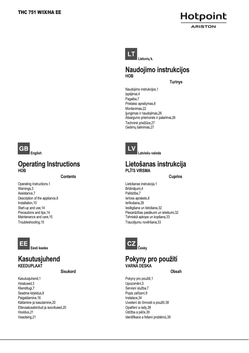Page 1 de la notice Manuel utilisateur Hotpoint Ariston THC 751 W/IX/HA EE