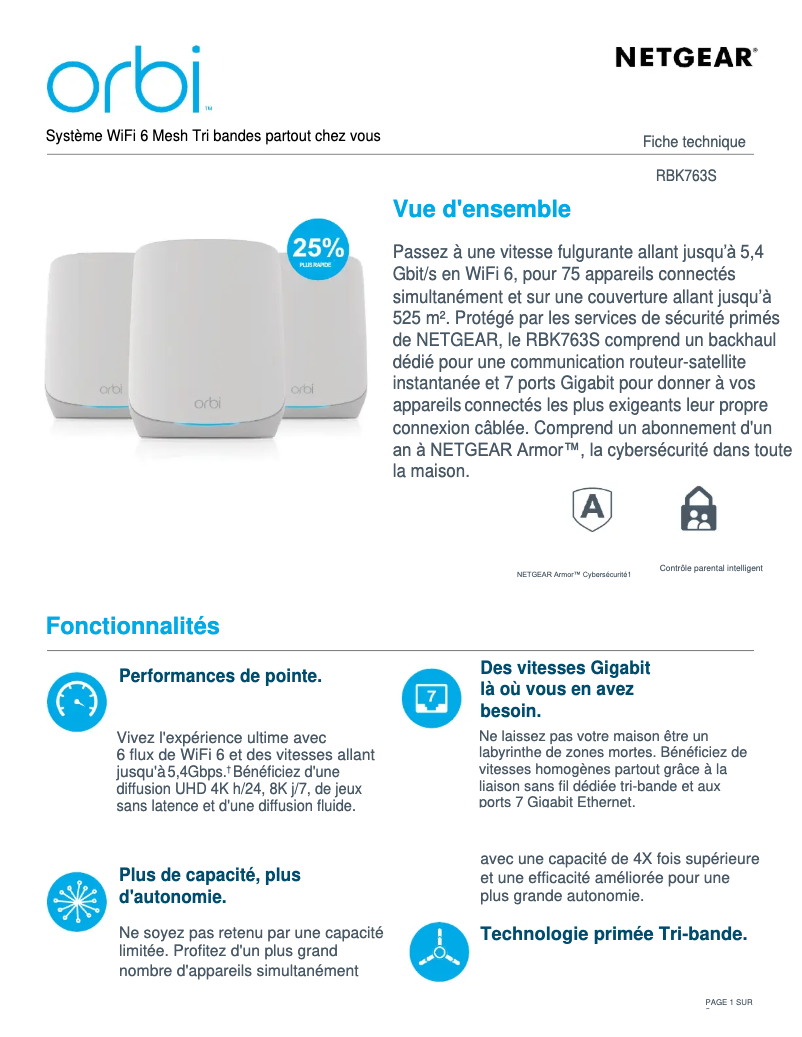 Page 1 de la notice Manuel utilisateur Netgear Orbi RBK763s