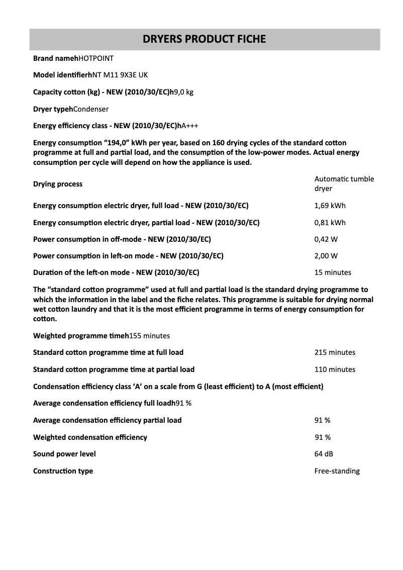 Page 1 de la notice Fiche technique Hotpoint NT M11 9X3E UK
