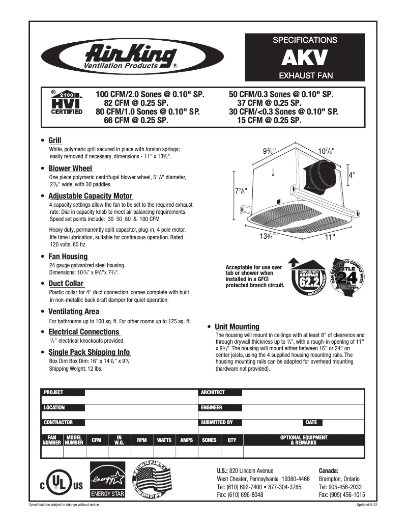 Page n°1 - Fiche technique Air King AKV