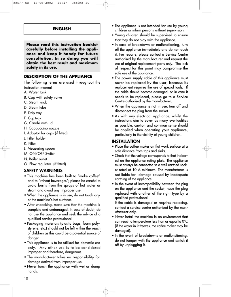 Image de la première page du manuel de l'appareil EC 5