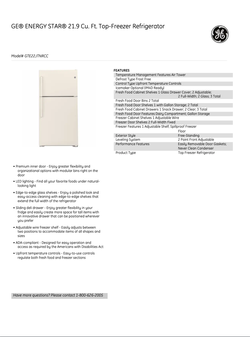 Page 1 de la notice Fiche technique GE GTE22JTNRCC