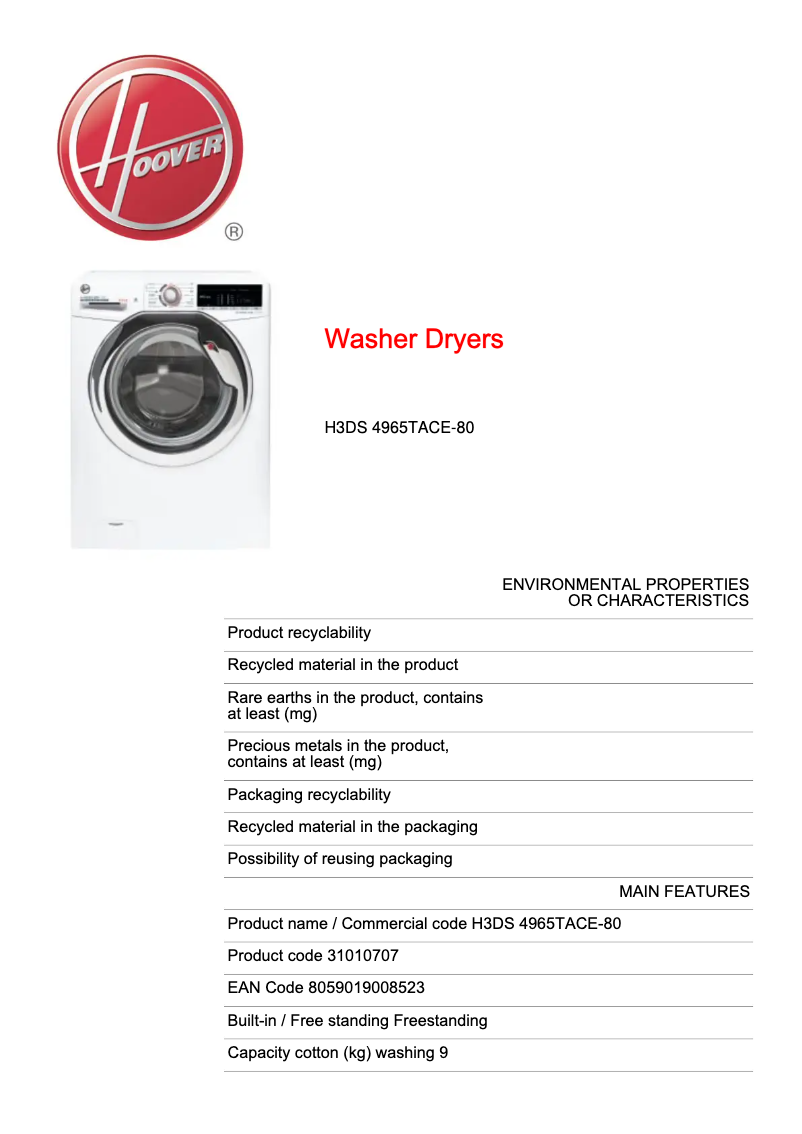 Página 1 del manual Ficha técnica Hoover H-WASH 300 LITE H3DS 4965TACE-80