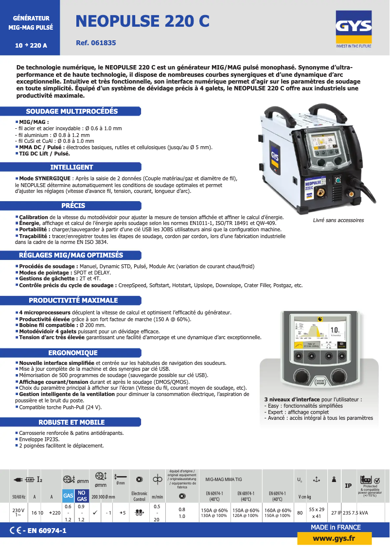 Page 1 de la notice Fiche technique GYS Neopulse 220 C