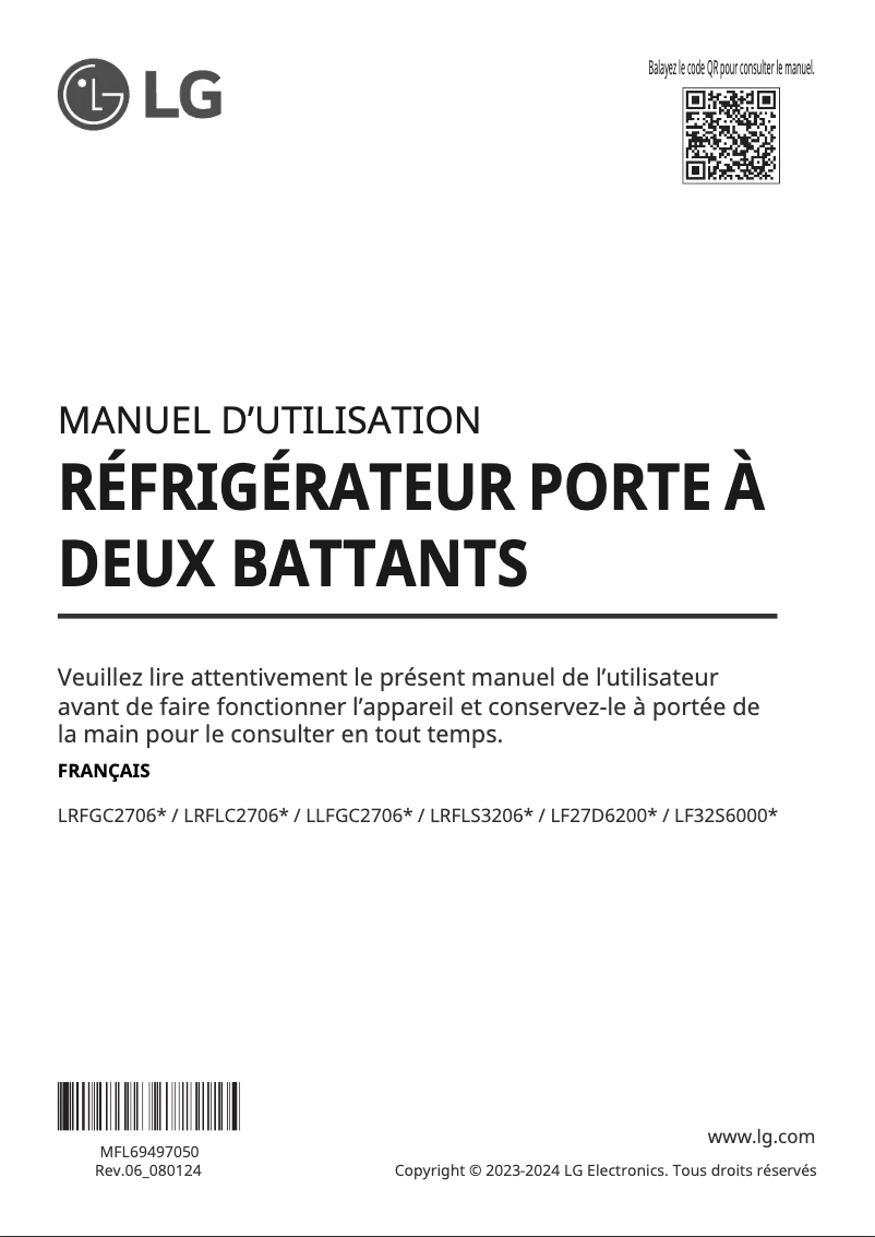 Page 1 de la notice Manuel utilisateur LG LRFGC2706S