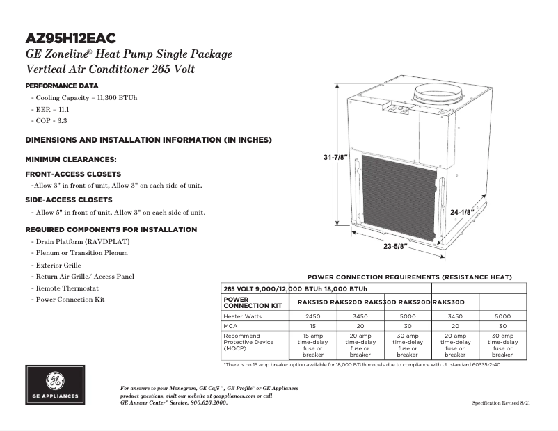 Page n°1 - Fiche technique GE AZ95H12EAC