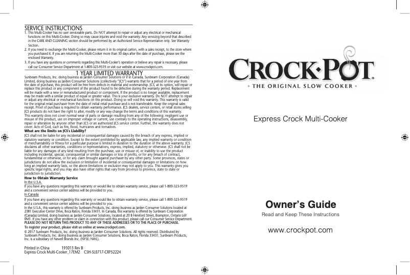 Page n°1 - Manuel utilisateur Crock-Pot Express Crock SCCPPC600-V1
