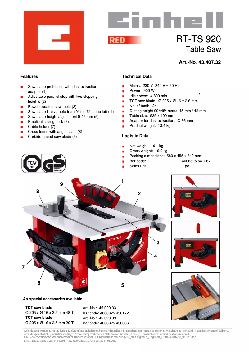 Page n°1 - Fiche technique Einhell RT-TS 920