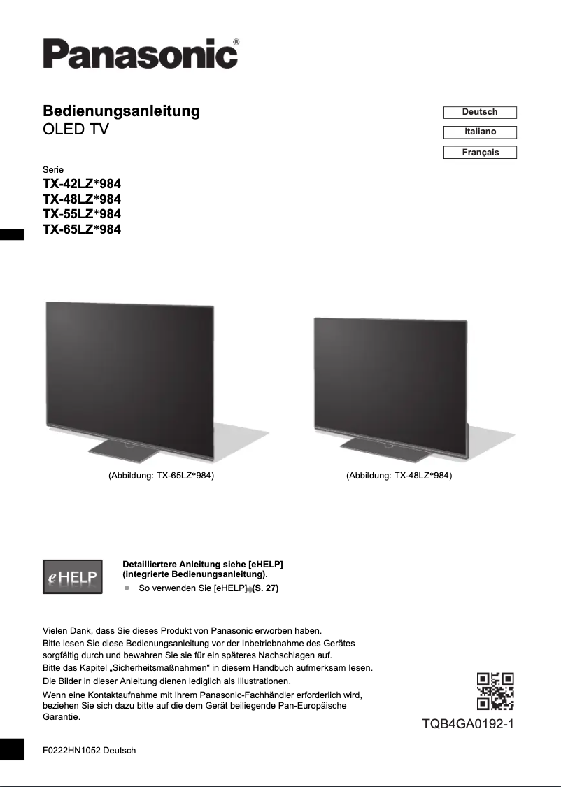 Page 1 de la notice Guide de démarrage rapide Panasonic TX-65LZW984