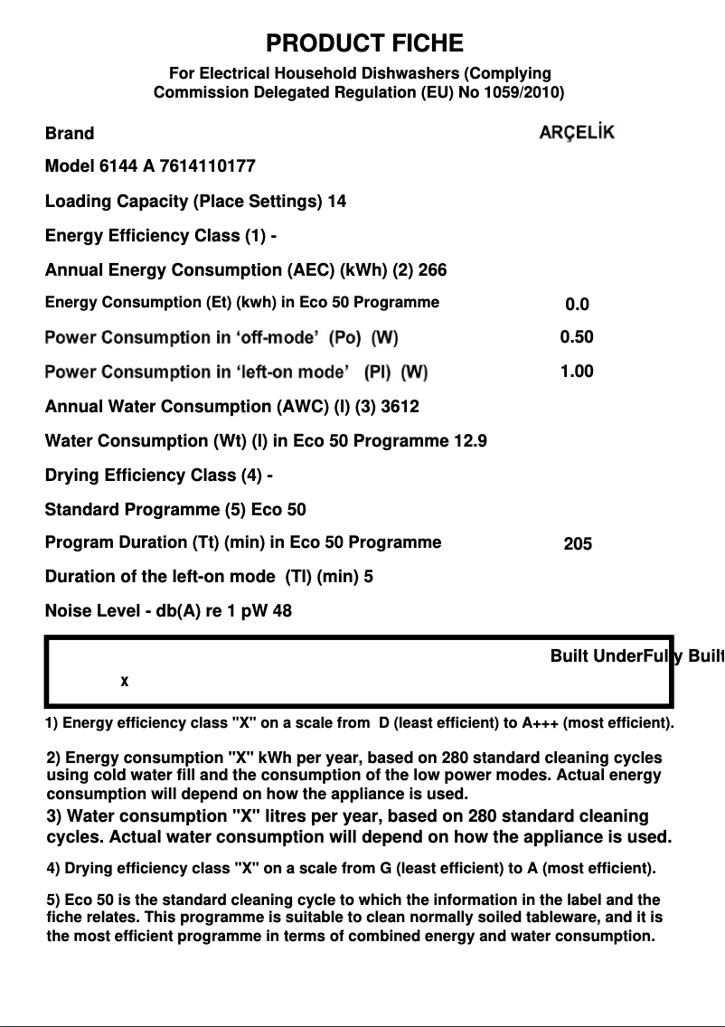Page 1 de la notice Fiche technique Arçelik 6144 A