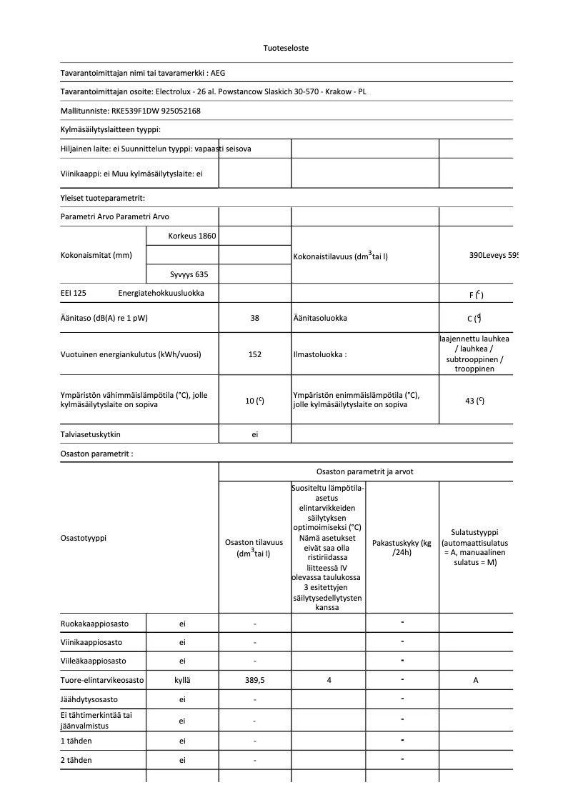 Page n°1 - Fiche technique AEG RKE539F1DW