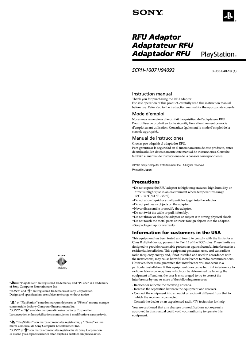 Image de la première page du manuel de l'appareil PlayStation 2 RFU Adaptor
