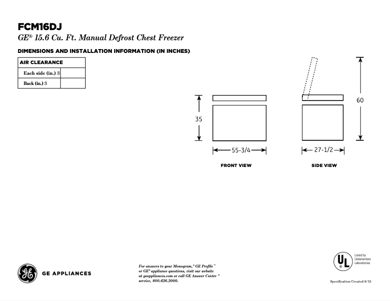 Page 1 de la notice Fiche technique GE FCM16DJWW