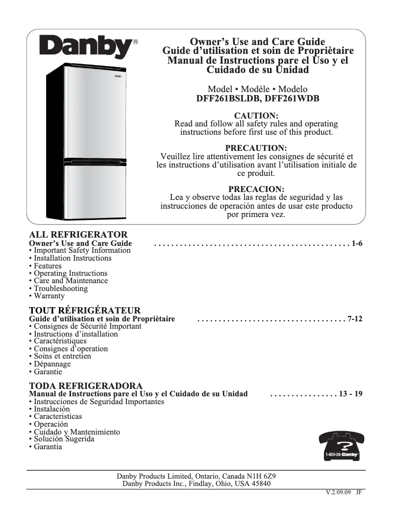 Page 1 de la notice Manuel utilisateur Danby DFF261BSLDB