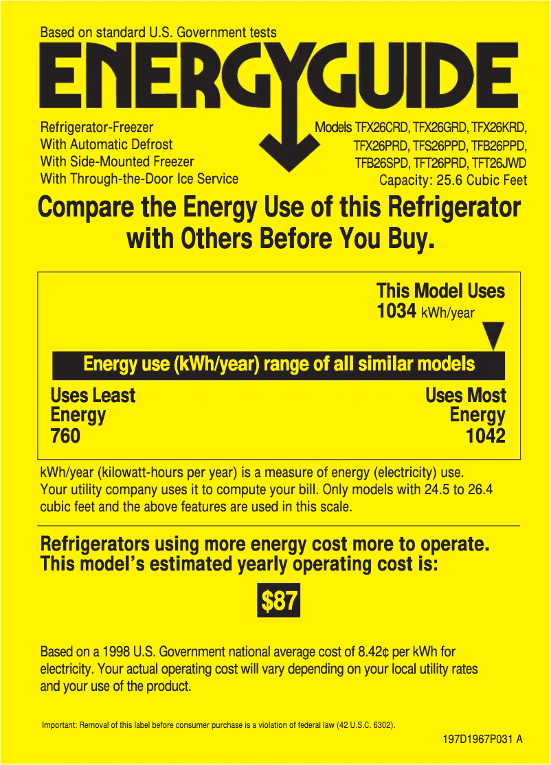 Page 1 de la notice Label énergétique GE TFX26GRDWW