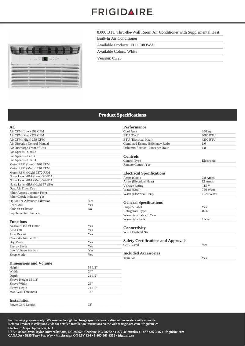 Page 1 de la notice Fiche technique Frigidaire FHTE083WA1