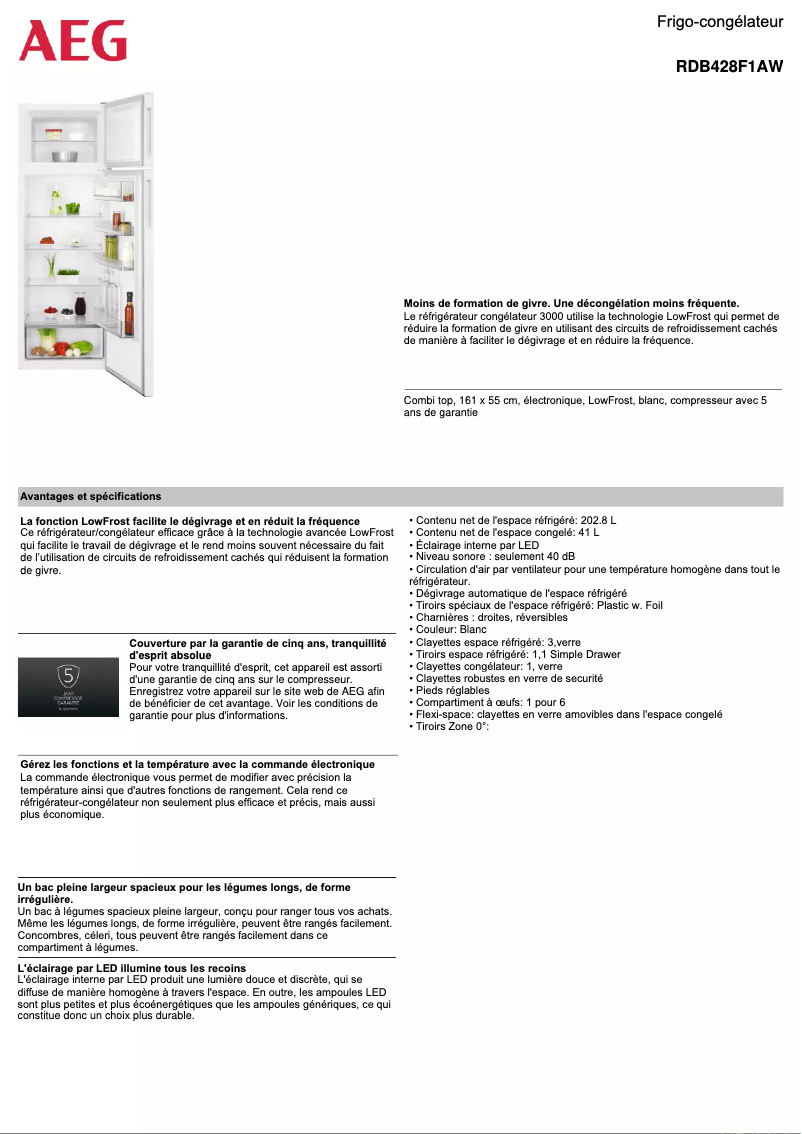 Page 1 de la notice Fiche technique AEG RDB428F1AW
