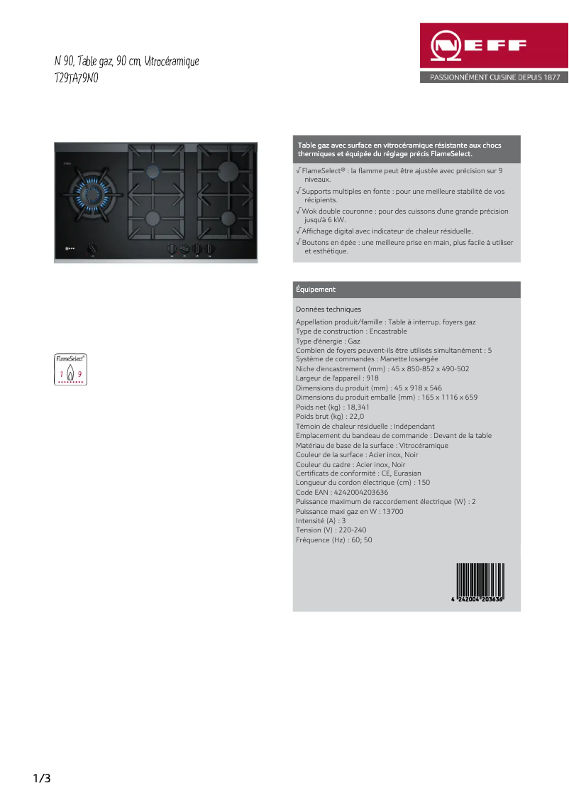 Page n°1 - Fiche technique Neff T29TA79N0
