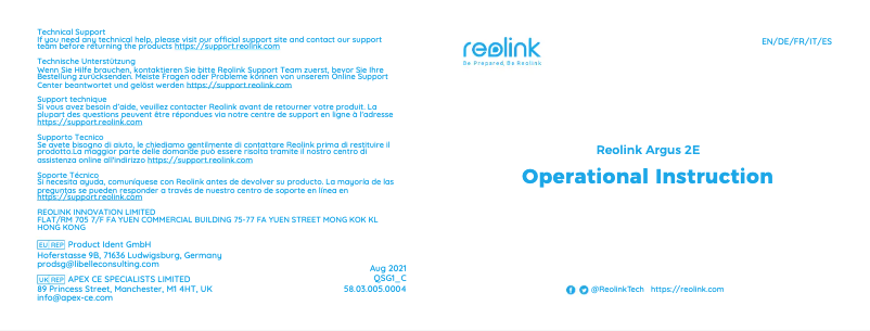 Page 1 of the manual User Manual Reolink Argus 2E