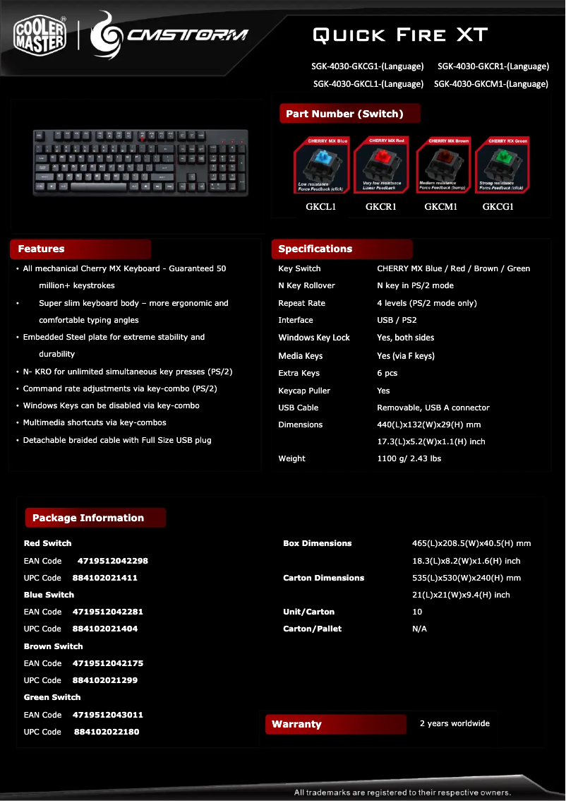 Page 1 de la notice Fiche technique Cooler Master Quick Fire XT
