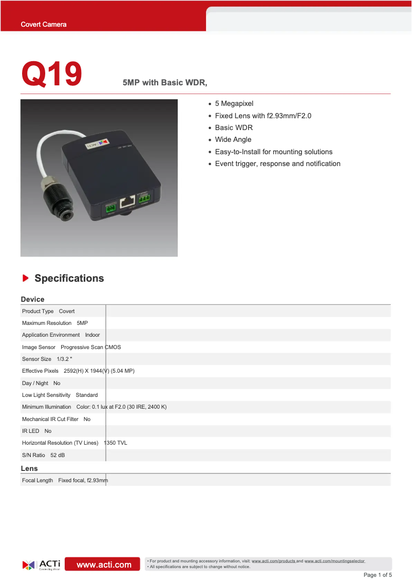 Página 1 del manual Ficha técnica ACTi Q19