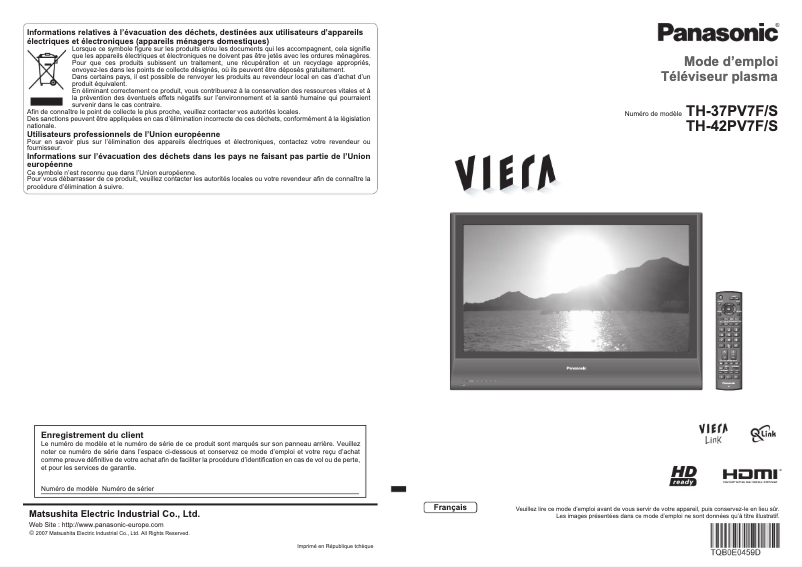 First page image of the manual for Viera TH-37PV7FS