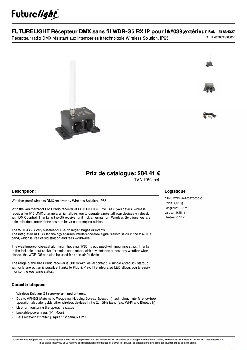 Page 1 de la notice Fiche technique Futurelight WDR-G5 RX IP