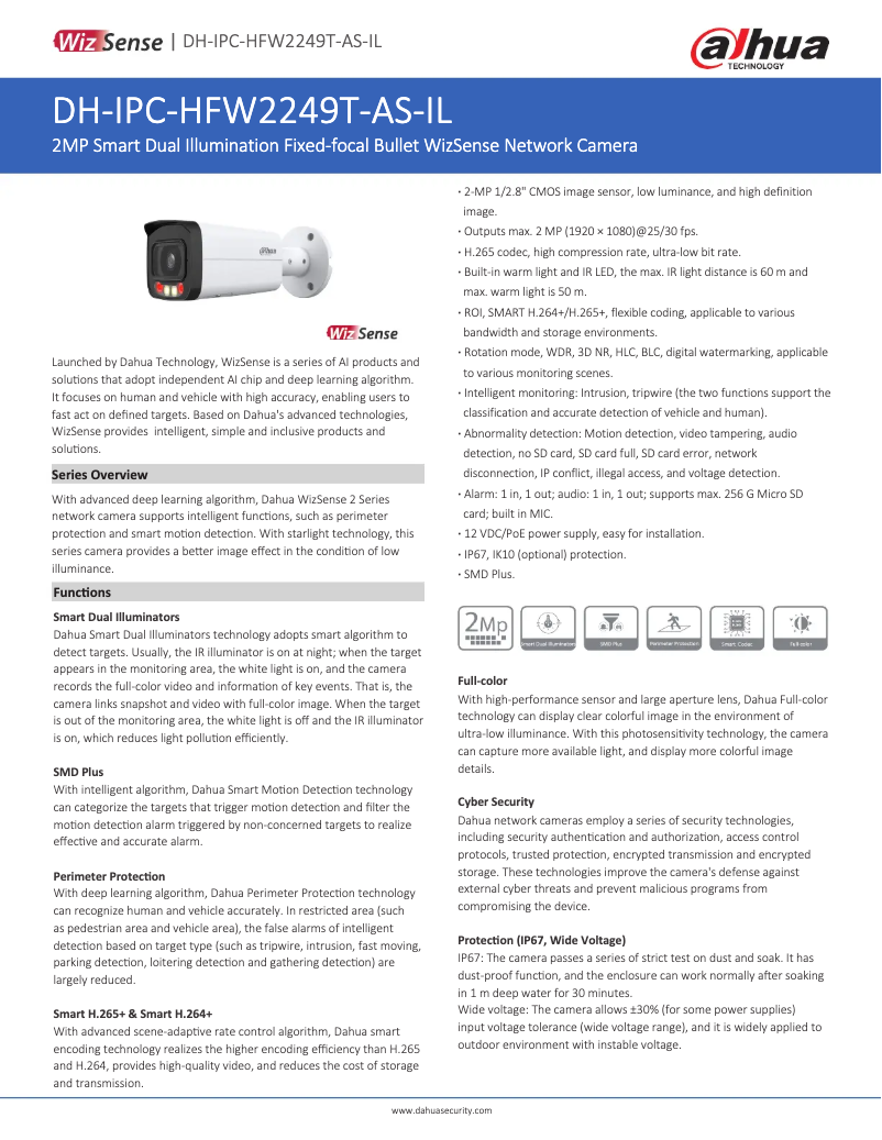 Page 1 de la notice Fiche technique Dahua Technology IPC-HFW2249T-AS-IL