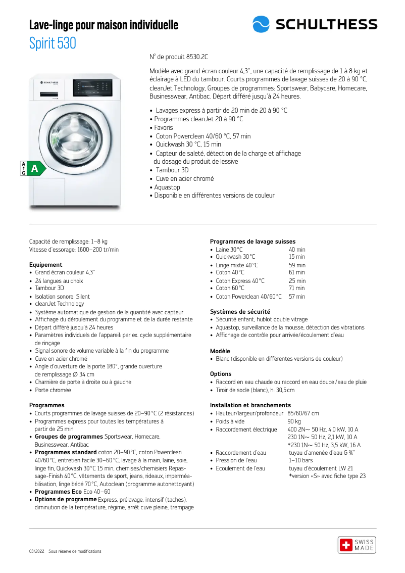 Page n°1 - Fiche technique Schulthess Spirit 530