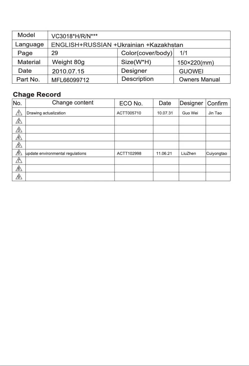 Image de la première page du manuel de l'appareil V-K71182RC