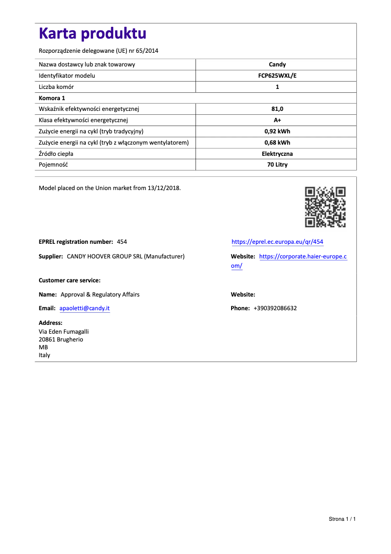 Page 1 de la notice Fiche technique Candy FCP625WXL/E