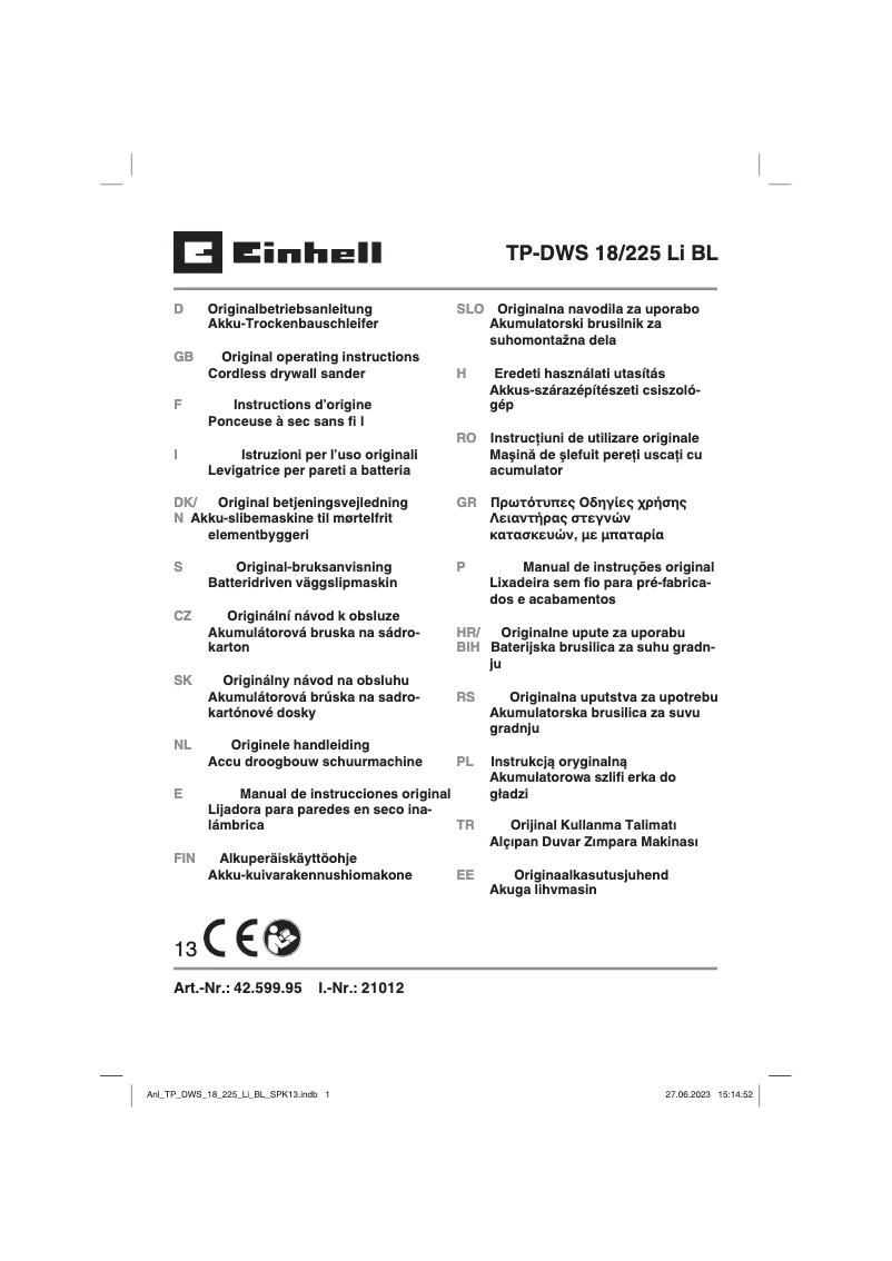 Page 1 de la notice Manuel utilisateur Einhell TP-DWS 18/225 Li BL
