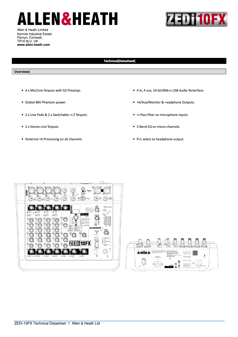 Page 1 de la notice Fiche technique Allen & Heath ZEDi-10FX