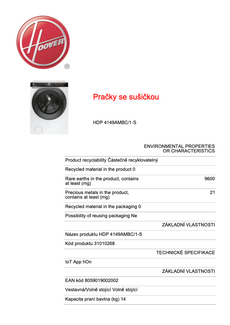 Page n°1 - Fiche technique Hoover HDP4106AMBC7/1-S