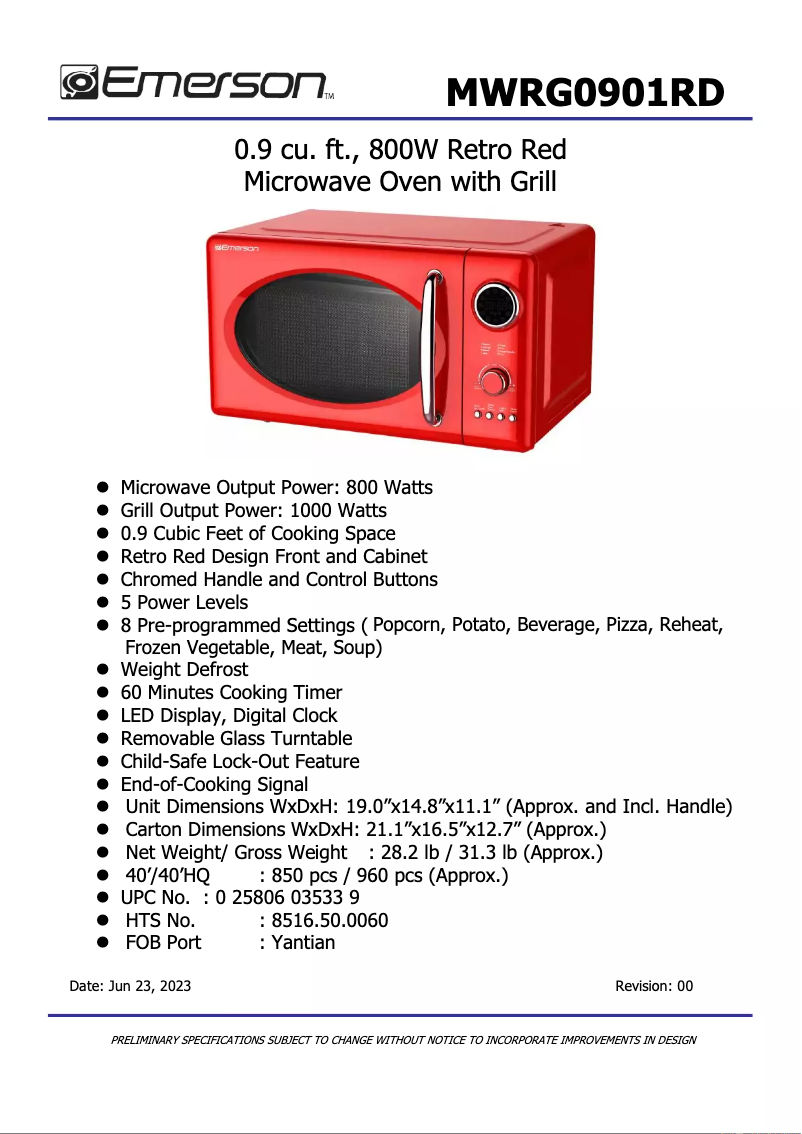 Page 1 de la notice Fiche technique Emerson MWRG0901BK