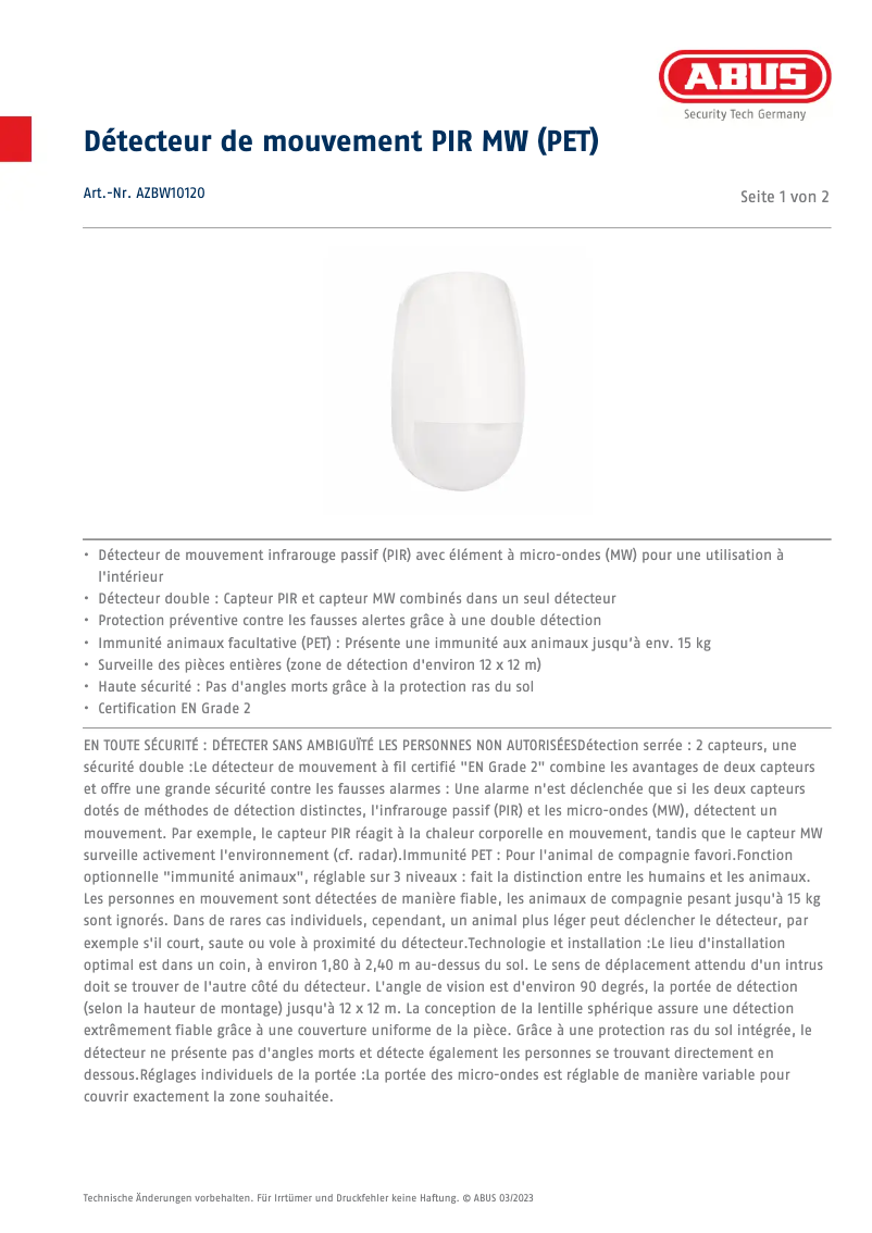 Image de la première page du manuel de l'appareil AZBW10120