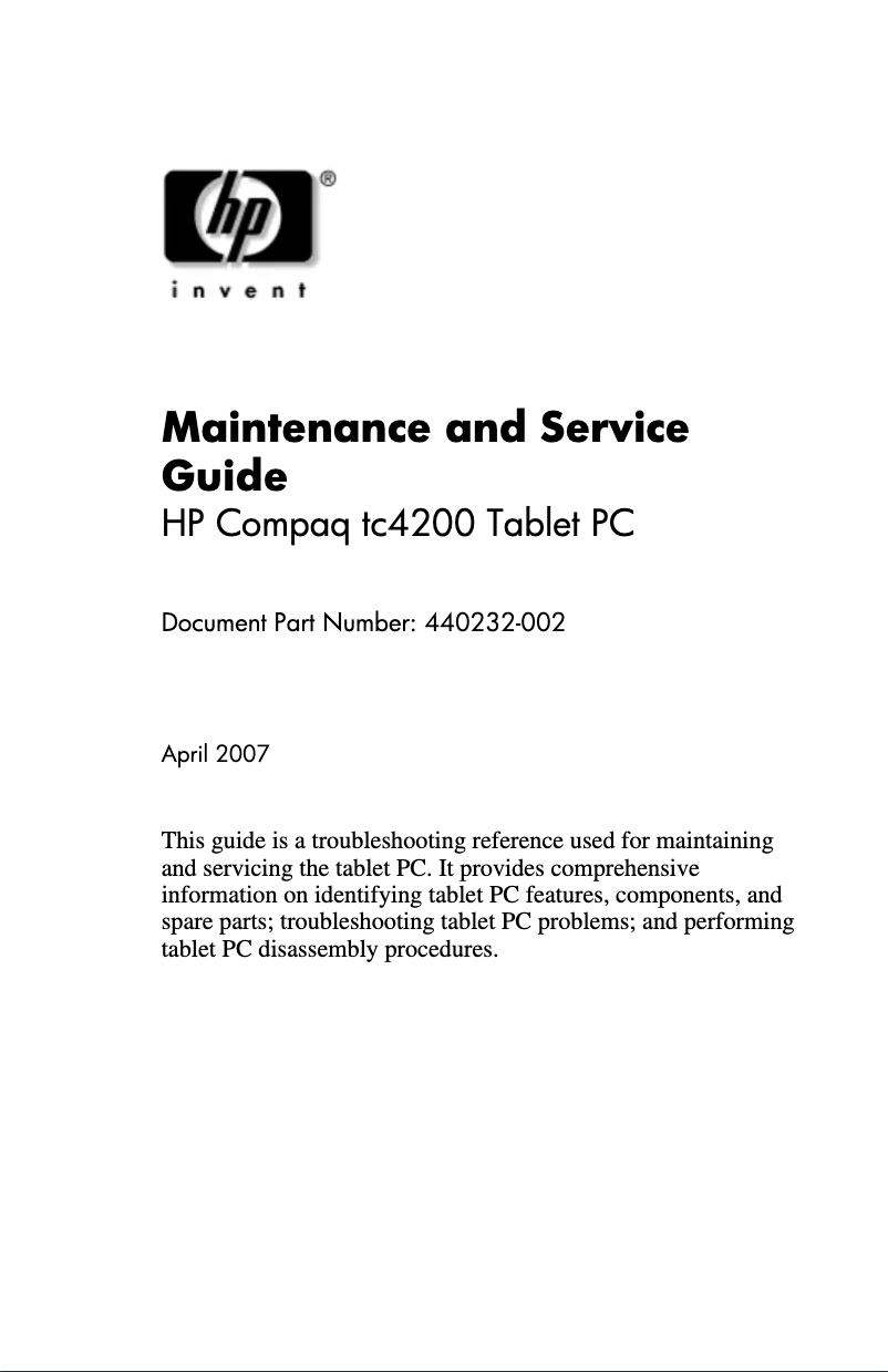 Page n°1 - Manuel d'utilisation et d'entretien HP Compaq tc4200