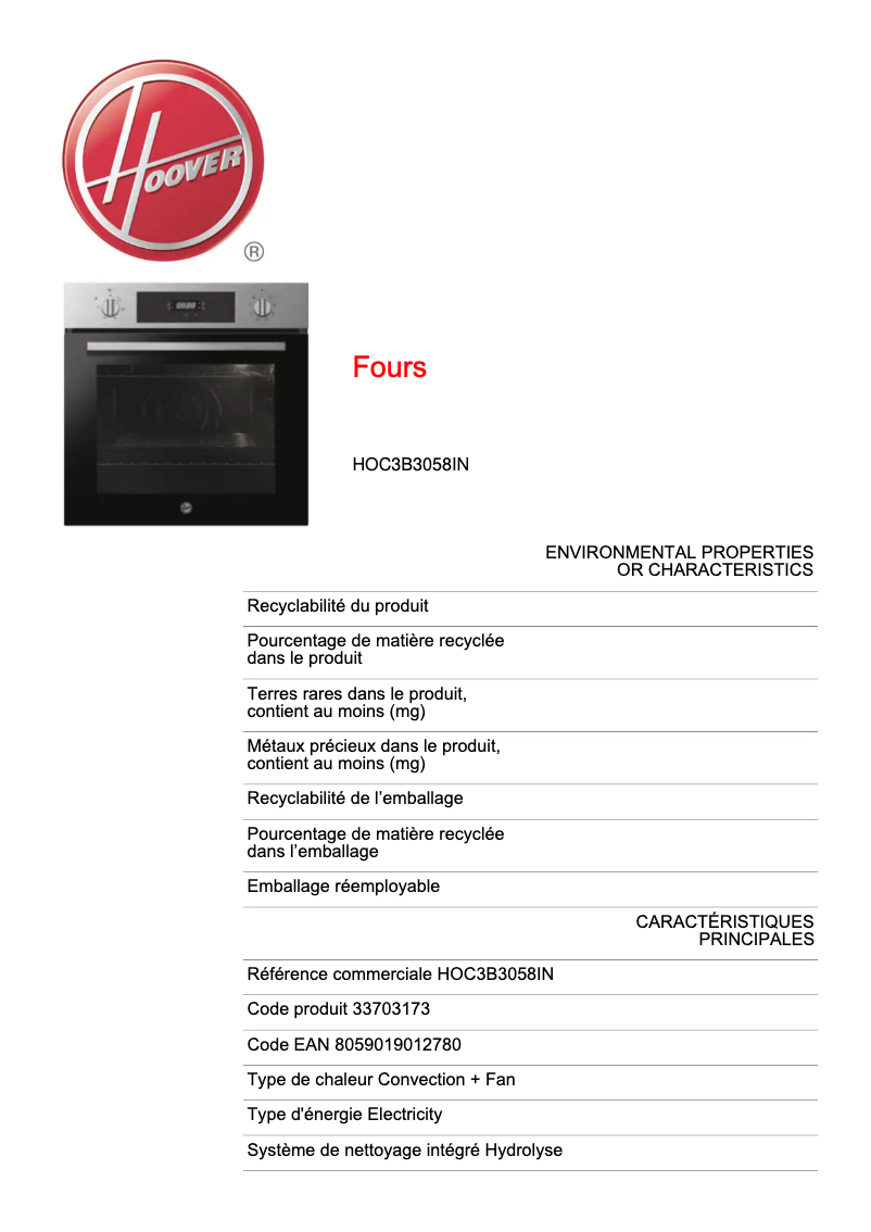 Page n°1 - Fiche technique Hoover H-OVEN 300 HOC3B3058IN