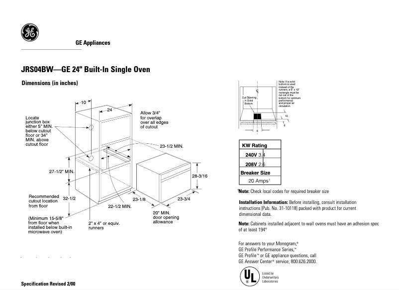 Page 1 de la notice Fiche technique GE JRS04BWBB