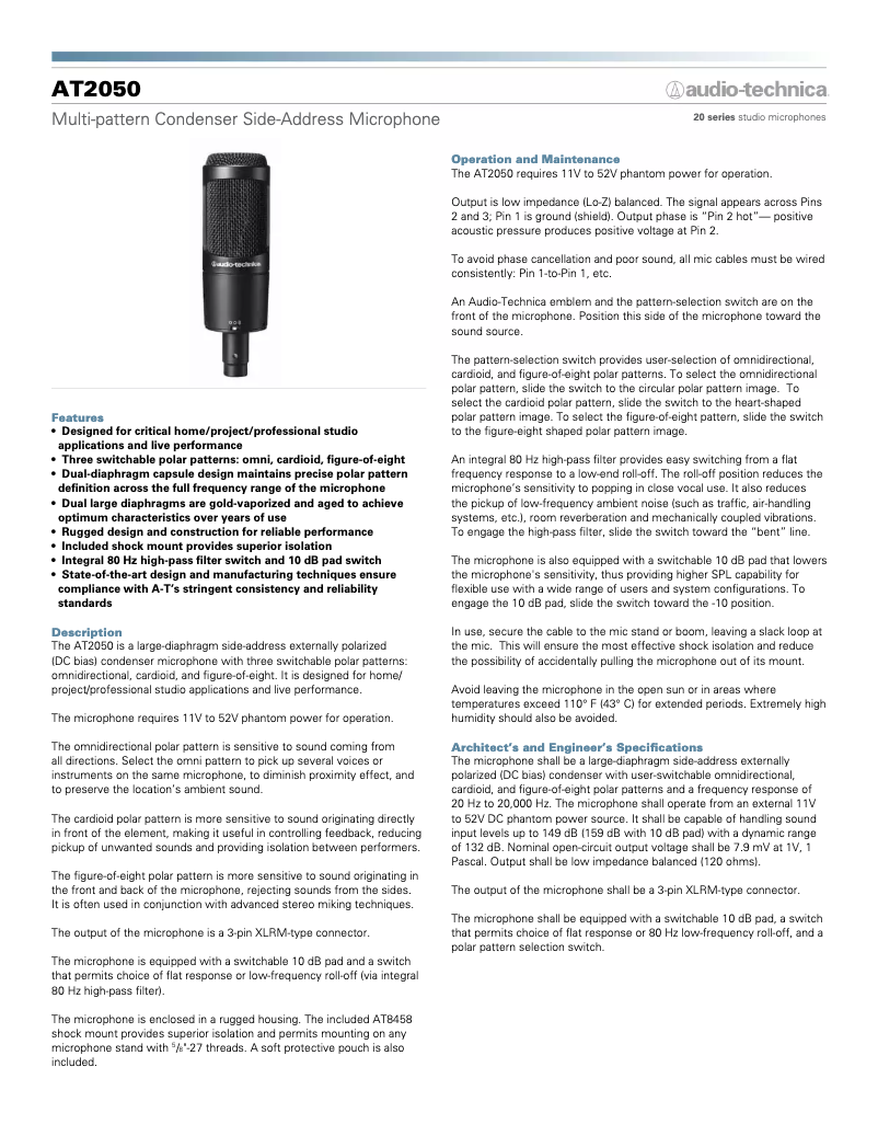 Página 1 del manual Ficha técnica Audio-Technica AT2050