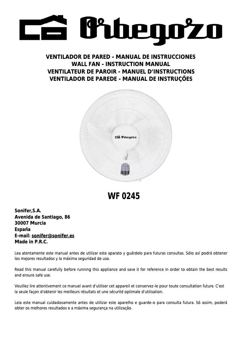 Page 1 de la notice Manuel utilisateur Orbegozo WF 0245