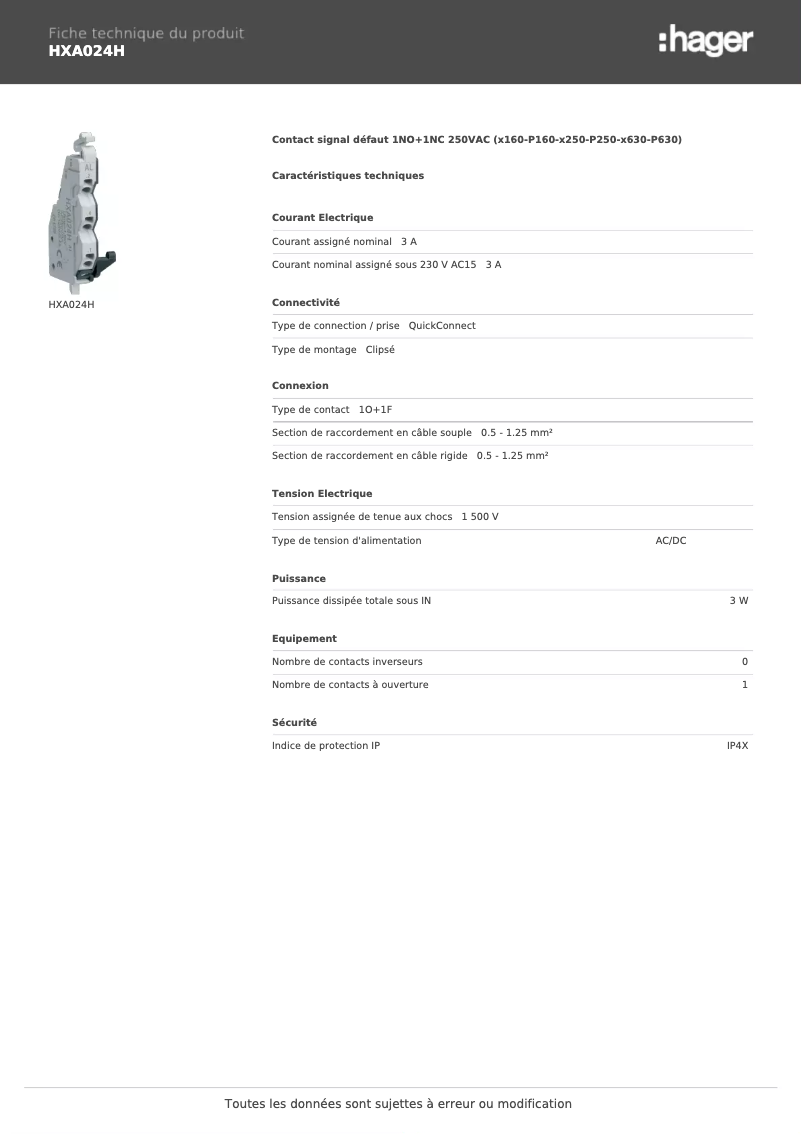 Page 1 de la notice Fiche technique Hager HXA024H