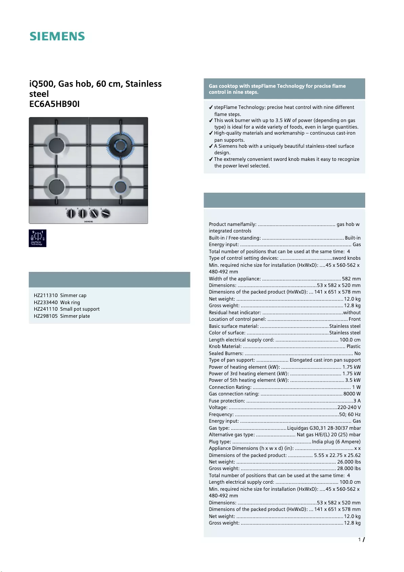 Page n°1 - Fiche technique Siemens EC6A5HB90I