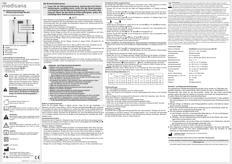 Page n°1 - Manuel utilisateur Medisana BS 483