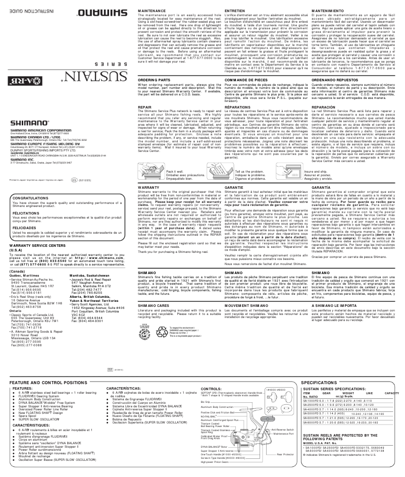 Page 1 de la notice Manuel utilisateur Shimano Sustain 2500FD