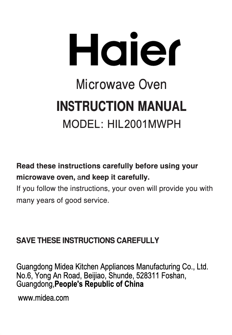 Page 1 de la notice Manuel utilisateur Haier HIL2001MWPH