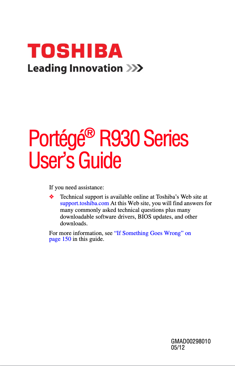 Page 1 de la notice Manuel utilisateur Toshiba Portege R930